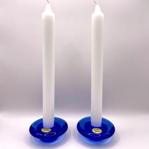 Vintage Pair of Handmade Cobalt Blue Glass Candle Holders – Elegant Mid-Century Modern Decor – Unique Table Centerpiece – Boho Home Decor