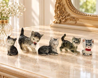 Vintage Ceramic Cat Figurines | 1950s–80s Goebel W. Germany & Japan Kittens | Gray Cat Collection | Single or Set of 5