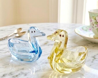 Mini Miniature Glass DUCK Bird on NEST Open Salt Dip Cellar GREEN