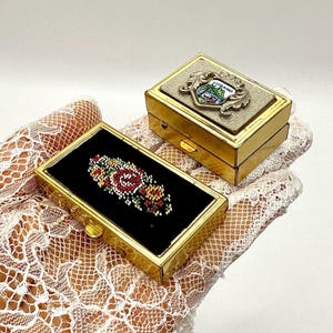 Vintage Brass Trinket Box | Needlepoint Floral Zurich or Lugano Souvenir | Mini Pill / Jewelry Case