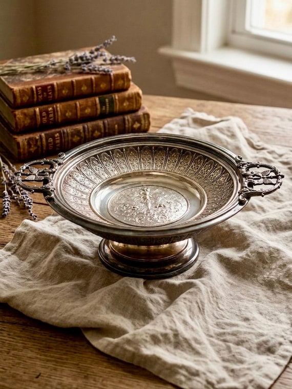 Vintage WMF Jugendstil Silberplatte Schale | Feenfigur & Schmetterlingsgriffe | Centerpiece Dish mit Fuß