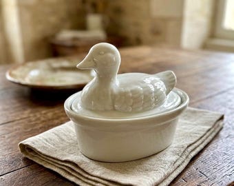 Vintage Porcelain Duck Small Terrine: French Country Farmhouse Lidded Duck Bowl