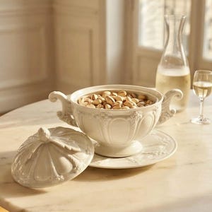 Puede incluir: Una sopera de cerámica color crema con tapa y plato a juego, que presenta detalles en relieve y dos asas laterales. La sopera está llena de pistachos de color marrón claro con cáscara, mostrando un diseño clásico con base de pedestal.