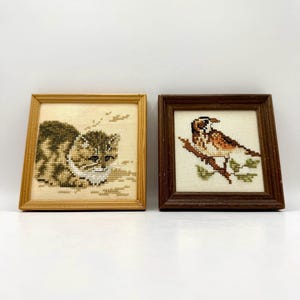 Vintage Needlepoint Art Pair | Cat & Bird, Framed Cottagecore Decor image 2
