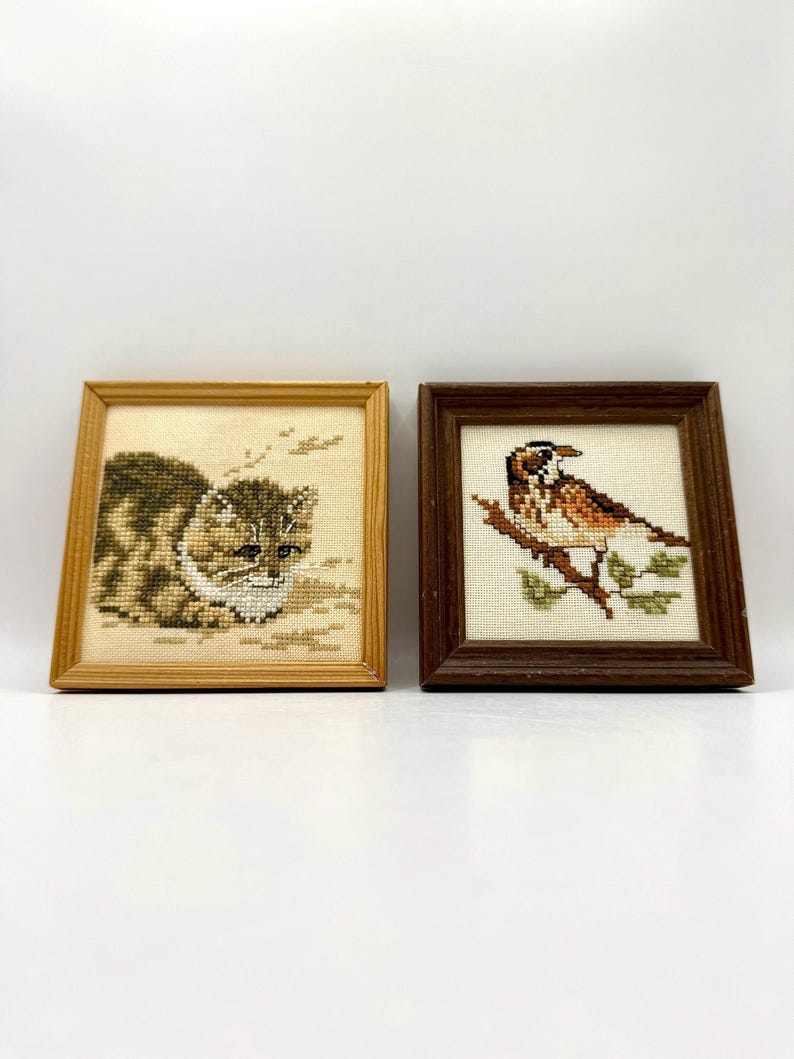 Vintage Needlepoint Art Pair | Cat & Bird, Framed Cottagecore Decor image 2