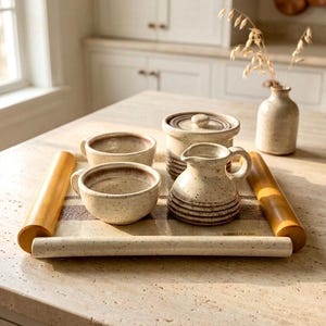 Handgjort te- och kaffeset i stengods med bricka | Serveringsset i hantverkskeramik | Rustik keramikdekor