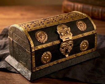 Vintage Black Treasure Chest | Embossed Brass Pirate-Style Jewelry Box