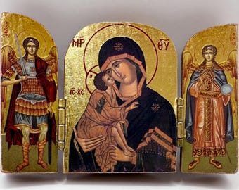 Mini Wooden Christian Triptych Icon | Virgin Mary & Child Gold Leaf Travel Icon