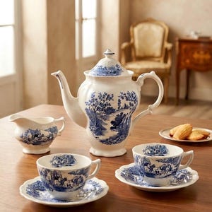 Puede incluir: Un juego de té de porcelana blanca con un patrón de paisaje azul en transferencia. El conjunto incluye una tetera con tapa, una jarra de leche y dos tazas de té con sus platos a juego, decorados con escenas detalladas de árboles y colinas.