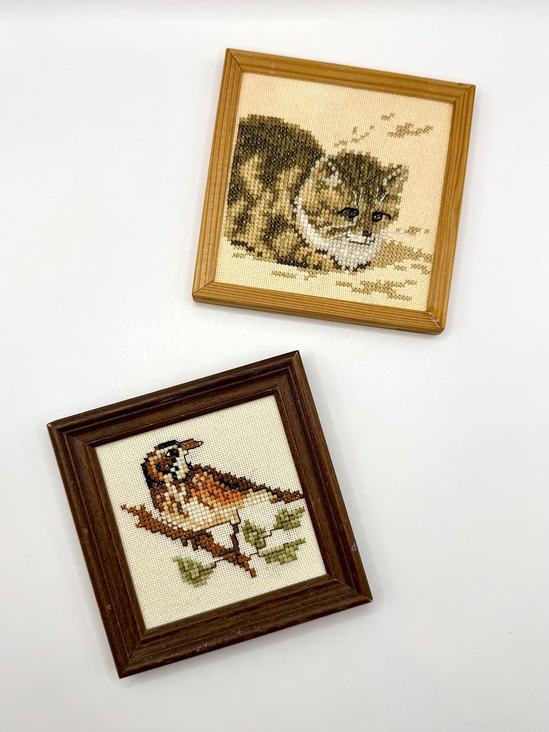 May include: Two square framed cross-stitch artworks. The top piece features a brown and white tabby cat in a light wood frame. The bottom piece displays a brown and white bird perched on a branch with green leaves, set in a dark wood frame.