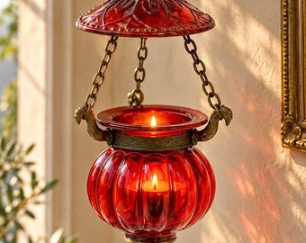 Antique Cranberry Glass Hanging Lantern | c.1890 Victorian Bird Candle Holder