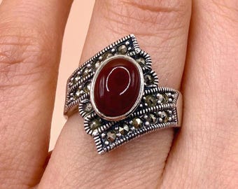 Vintage Sterling Silver Agate Ring | 925 Marcasite Statement Ring | Oval Red Agate Ring | Size 6