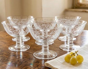 Vintage Etched Coupe Glasses Set of 6 | Engraved Crystal Dessert Bowls | Elegant Pedestal Champagne Coupes | Romantic Tableware