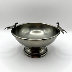 Vintage Feinzinn 95% Pewter Pedestal Bowl with Bird Handles | European Birds on Pond Dish | Zinn Centerpiece | Collectible Tin Alloy Decor