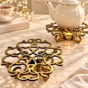 Vintage Brass Food Warmer Trivet | 1960s 1970s Teapot & Pot Stand | Ornate Candle Tea Light Warmer | Hollywood Regency Table Decor