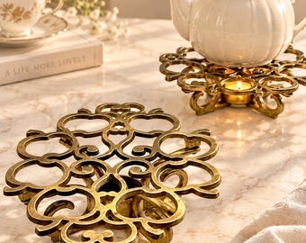 Vintage Brass Food Warmer Trivet | 1960s 1970s Teapot & Pot Stand | Ornate Candle Tea Light Warmer | Hollywood Regency Table Decor