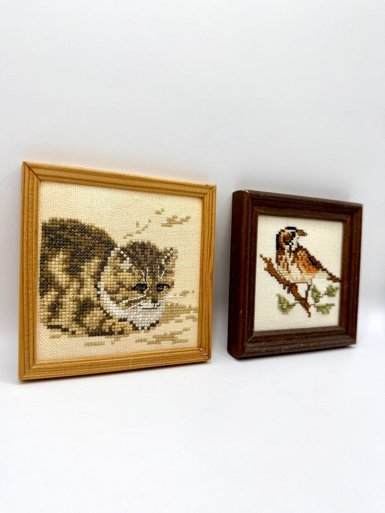 May include: Two square framed cross-stitch embroideries. The left piece features a brown and white tabby cat in a light wood frame. The right piece depicts a brown and white bird perched on a branch, enclosed in a dark brown wooden frame.