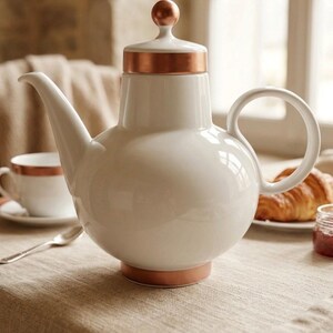 Vintage Heinrich Bavaria Porcelain Coffee Pot | White & Copper Accent Teapot, German Minimalist Serveware