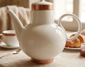 Vintage Heinrich Bavaria Porzellan Kaffeekanne | Weiße Teekanne mit kupferfarbenem Akzent