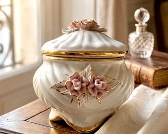 Vintage Rococo Porcelain Candy Jar | Pink Roses & Gold Trim