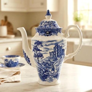 Puede incluir: Una tetera de cerámica blanca con un patrón de transferencia azul que representa un castillo, árboles y figuras en un paisaje. La tetera tiene una tapa a juego con un remate puntiagudo, un asa curva y un pico decorado con motivos florales.