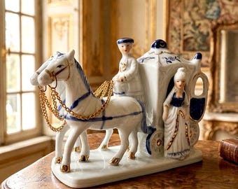 Vintage Capodimonte Porcelain Horse Carriage Figurine | Victorian Couple Blue & White Gold Accent Romantic Collectible Decor