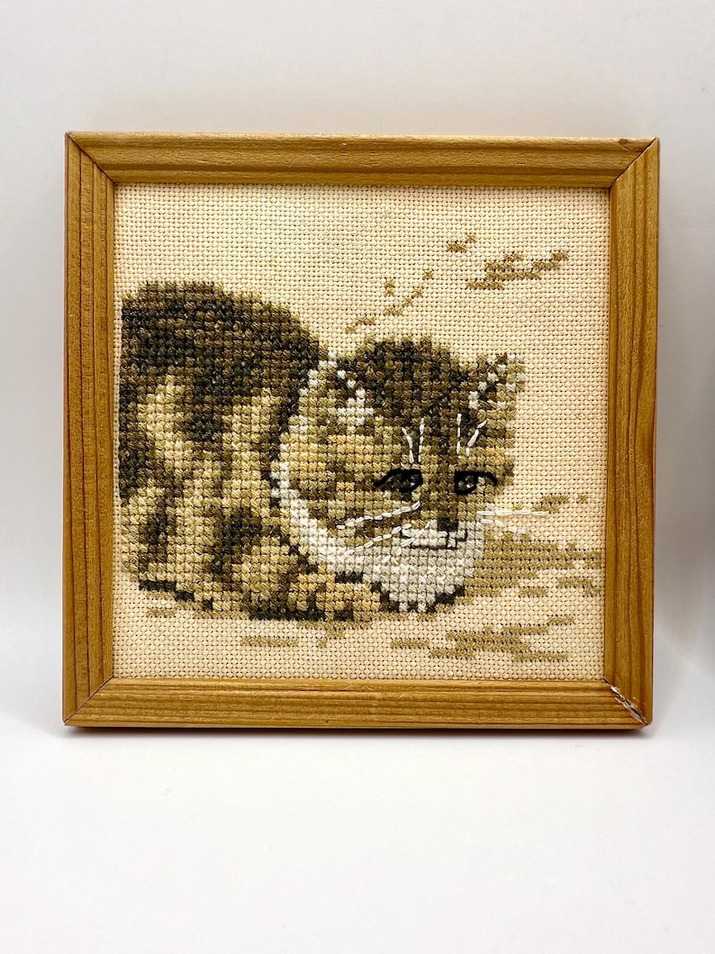 May include: A square wooden frame containing a cross-stitch embroidery of a brown and tan tabby kitten lying down. The kitten is depicted in shades of brown, tan, and white thread on a cream-colored fabric background with small stitched details.