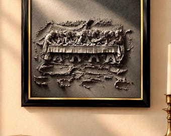 Vintage Last Supper 3D Relief | Plaster Wall Art after Leonardo da Vinci | Black Gold Frame | Christian Decor