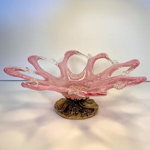 Murano Pink dish with Silver-Plated Base - Pink Murano Crystal Fruit Plate - Rare Murano Bowl - Handcrafted Crystal - Mid Century Home Decor