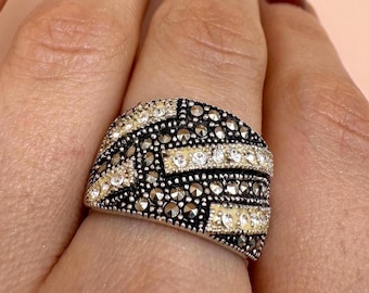 Anillo vintage de plata de ley con escudo de marcasita / Anillo de cóctel Art Déco con estilo