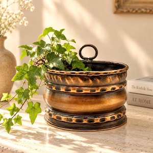 Pode incluir: Um vaso redondo de metal na cor bronze com acabamento escuro envelhecido e textura martelada decorativa nas bordas superior e inferior. O vaso possui uma alça de anel de metal na borda traseira e contém uma planta de hera verde.