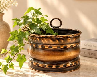 Vintage 1960s–70s Copper Planter | Hand-Tooled Patina Cachepot | Small Indoor Plant Pot | Old World Decor