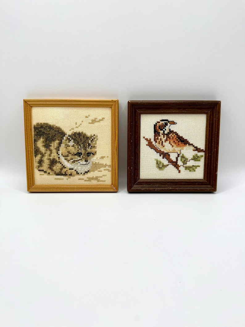 May include: Two square framed cross-stitch artworks. The left frame is light wood, containing a brown and white tabby cat. The right frame is dark wood, featuring a brown and white bird perched on a branch with green leaves on a cream background.