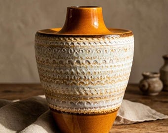 Vintage West Germany Ceramic Vase | Mid Century Pottery Ochre & Textured White Vase