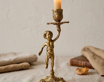 Vintage Brass Angel Candlestick | Art Nouveau Style Cherub Candle Holder