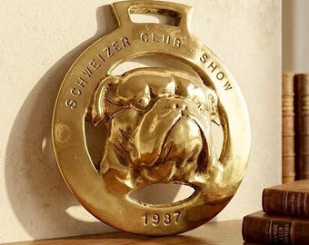 Vintage Brass Bulldog Plaque | Swiss Club Show 1987 Dog Collectible | Bulldog Wall Decor