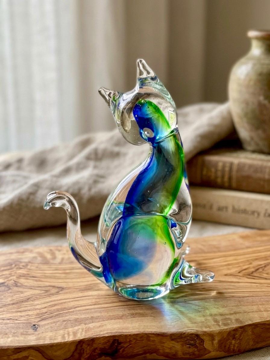 猫置物 ガラス置物　￼MURANO ヴィンテージ ムラーノガラス 猫の置物 | ブルーグリーン イタリアン