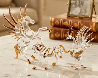 Hand Blown Glass Animal Sculptures | Delicate Crystal Style Figurines with Gold Accents | Pegasus Peacock Panther