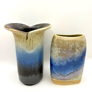 Curated Vintage Ocean Blue Pottery Vase Set – Ceramic Glazed Signed Kamini Studio & Matching 1970s Greek Style Ceramic – Blue Ombre Glaze