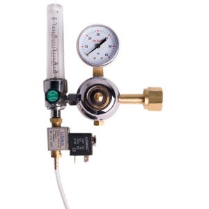 May include: A silver and brass gas regulator with a pressure gauge and flow meter. The gauge reads in psi, and the flow meter has a scale in SCFH. The regulator has a "SHUT OPEN" valve and a LIDING brand solenoid valve.