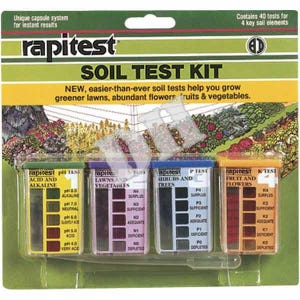Puede incluir: Kit de prueba de suelo Rapitest con cuatro tipos de pruebas: ácido y alcalino, céspedes y verduras, arbustos y árboles, y frutas y flores. El kit incluye tablas de colores y contiene 40 pruebas para elementos clave del suelo.