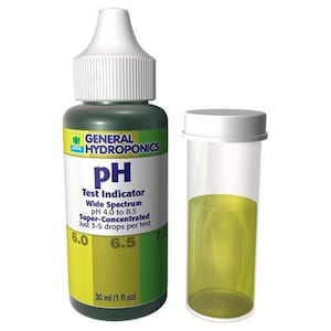 May include: A bottle of General Hydroponics pH Test Indicator with a white cap and a clear test tube. The bottle is dark green with a yellow and green label. The label reads "pH Test Indicator Wide Spectrum pH 4.0 to 8.5". The bottle contains 30 ml (1 fl oz).