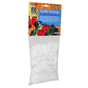 May include: A package of white trellis netting, labelled "Trellis Netting STURDY POLYESTER NET." The package is 1.52m x 9.14m. The product is designed to support growing vegetables and flower crops. The packaging features images of tomatoes, peppers, and other produce.