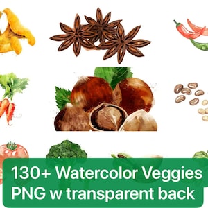 Plus de 130 cliparts de légumes aquarelle | PNG peints à la main avec arrière-plan transparent | Téléchargement instantané
