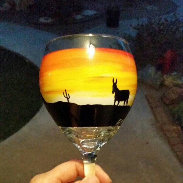 Pair of Hand Painted Wine Glasses Desert Burro Donkey Western Sunset