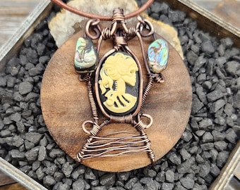 Rustic Wood Copper Wire Wrapped Abalone Macabre Halloween Pendant Necklace Handmade in the USA