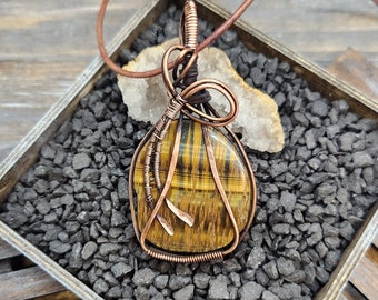 Copper Wire Wrapped Tigers Eye Gemstone Pendant Necklace Handmade in the USA