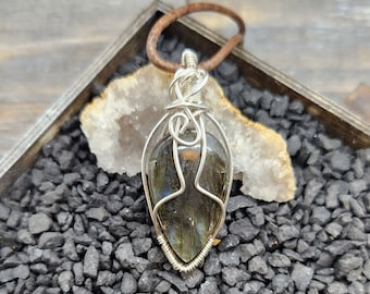 Silver Tone Wire Wrapped Labradorite Gemstone Pendant Necklace Handmade in the USA