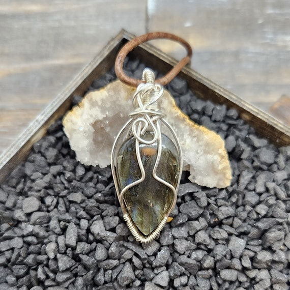 Unique Labradorite Pendant on Leather Cord Artisan Crafted in