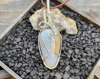 Unique Wire Wrapped Utah Salina Blue Agate Gemstone Pendant Necklace Handmade in the USA